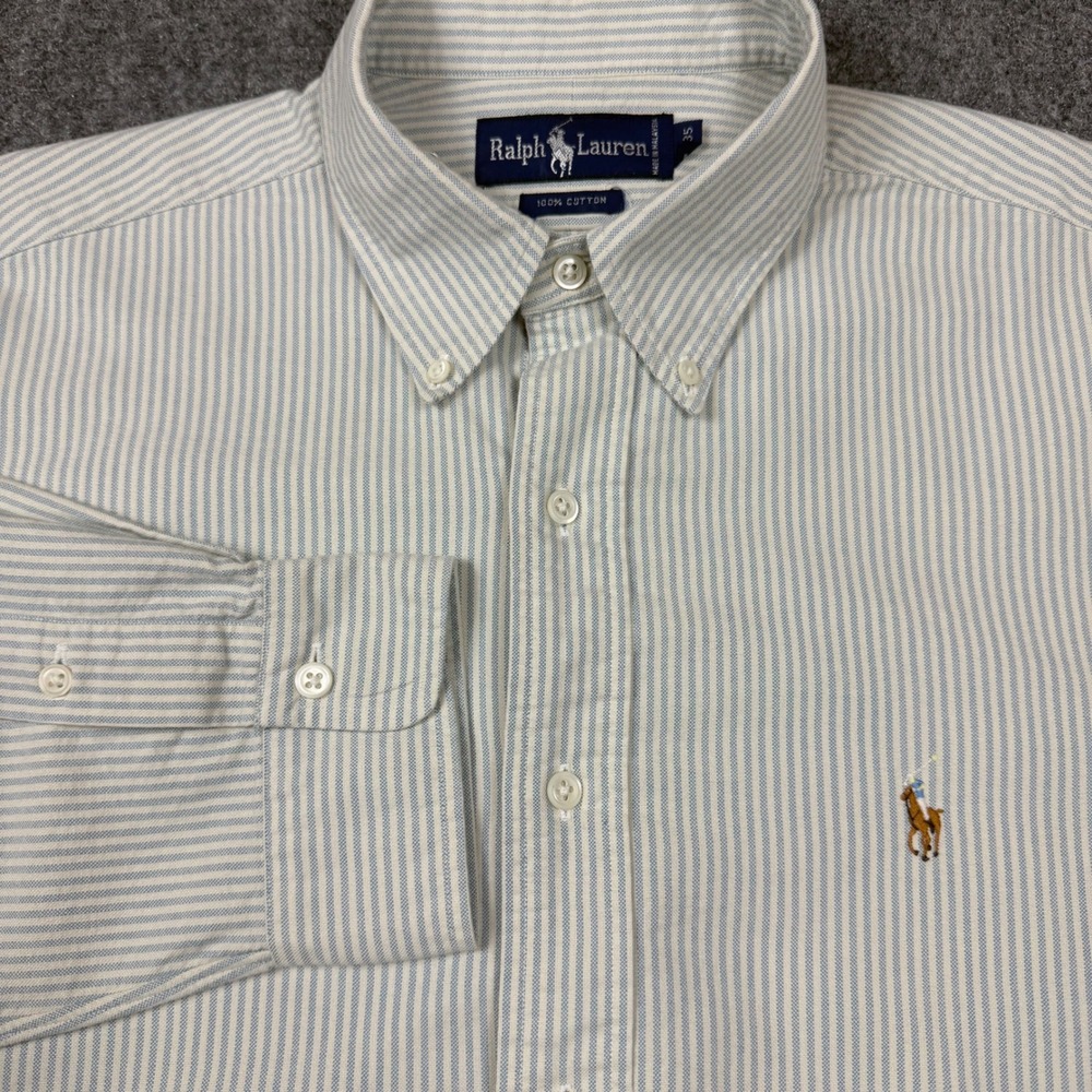 Ralph Lauren Mens 17 35 Blue White Striped Oxford Button Down Shirt Cotton